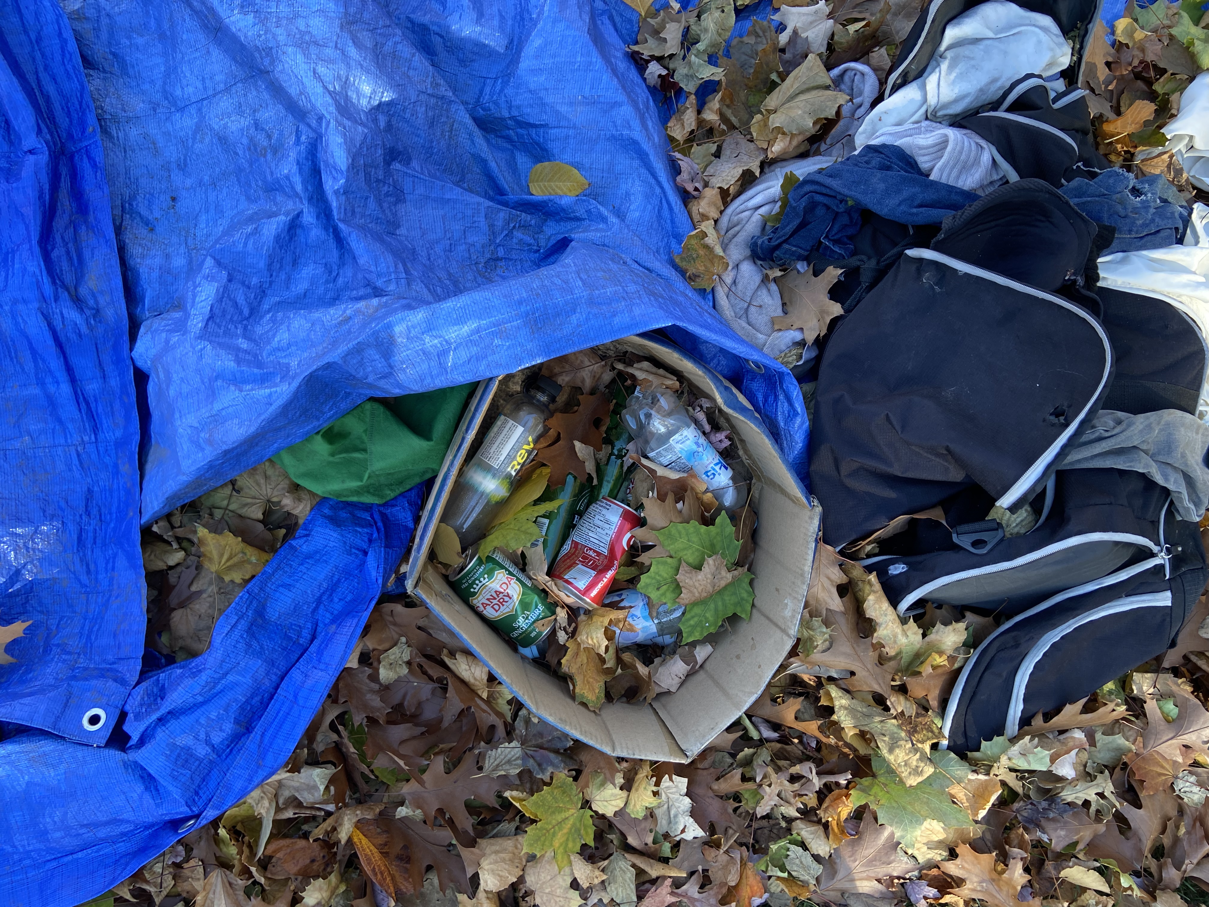 A blue tarp, garbage and clothes in pile of brown leaves